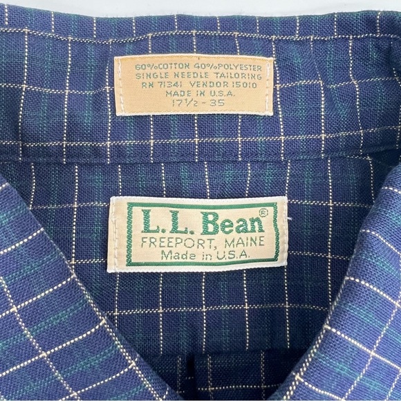 Vintage L.L. Bean Button-Up Shirt – Size 17.5x35 Made in USA – Navy Grid Check - Picture 5 of 13